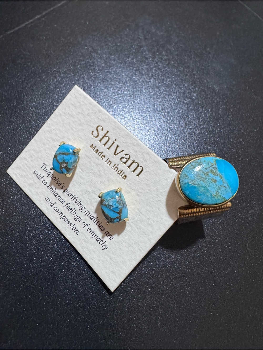 Turquoise Stone Ring and Stud Earrings Set - Bright Blue